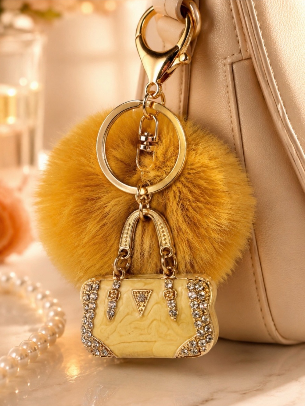 (NWOT) Gold/Mustard Yellow Faux Fur Pom-Pom & Mini Rhinestone Handbag Keychains